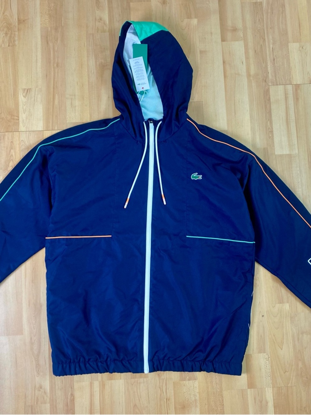 Lacoste Navy Hooded Windbreaker with Teal & Orange Trim